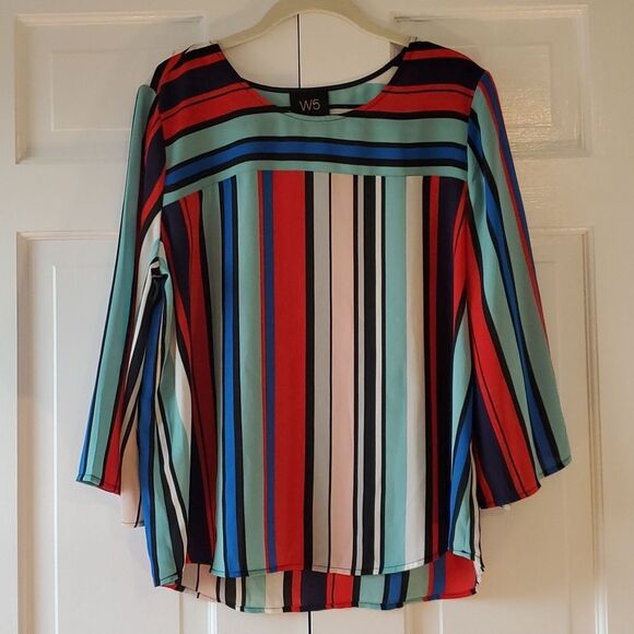 W5 STRIPED TOP NAUTICAL RED WHITE BLUE COASTAL PATRIOTIC SIZE LARGE BELL SLEEVE - Picture 1 of 7